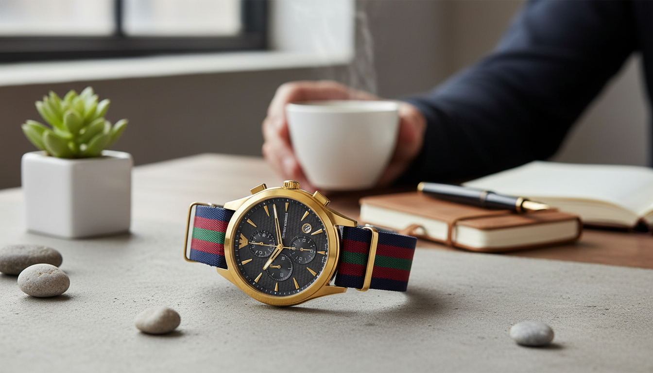 Emporio Armani Gold Watch: Multicolor Strap, Tachymeter