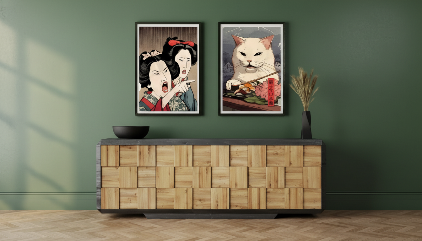 Japanese Woman & Cat Abstract Canvas for Calm Rooms