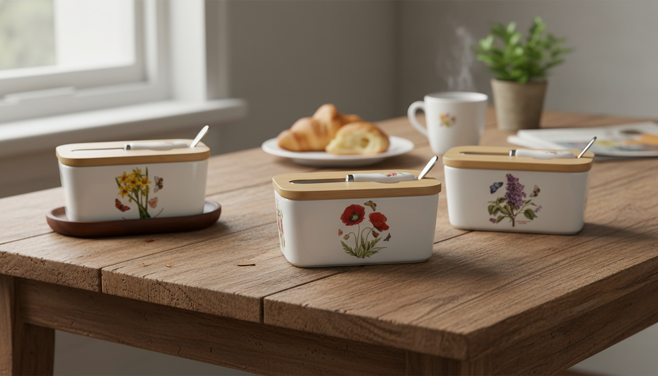 Ceramic Butter Dish with Bamboo Lid & Knife, Euro Style