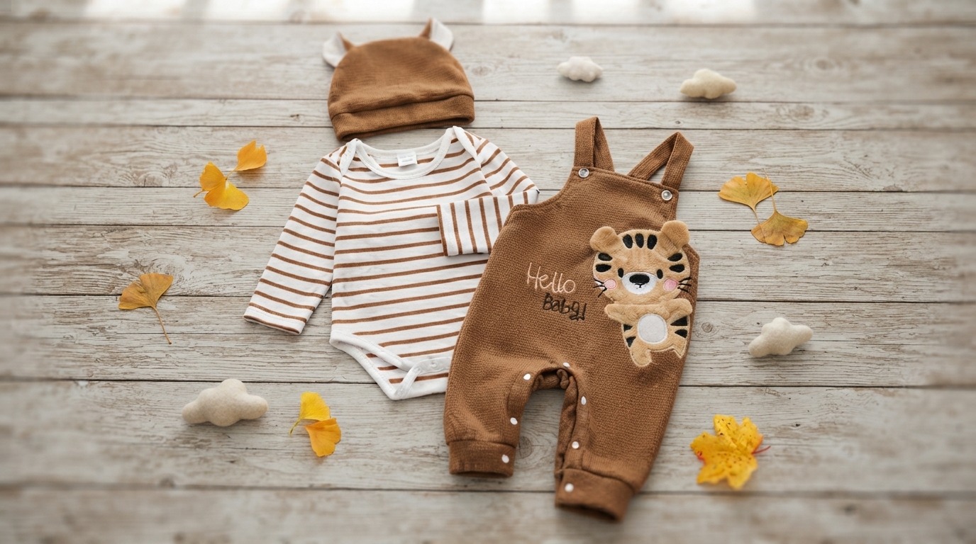 Infant Boy 3-Piece Striped Romper Set with Tiger Hat