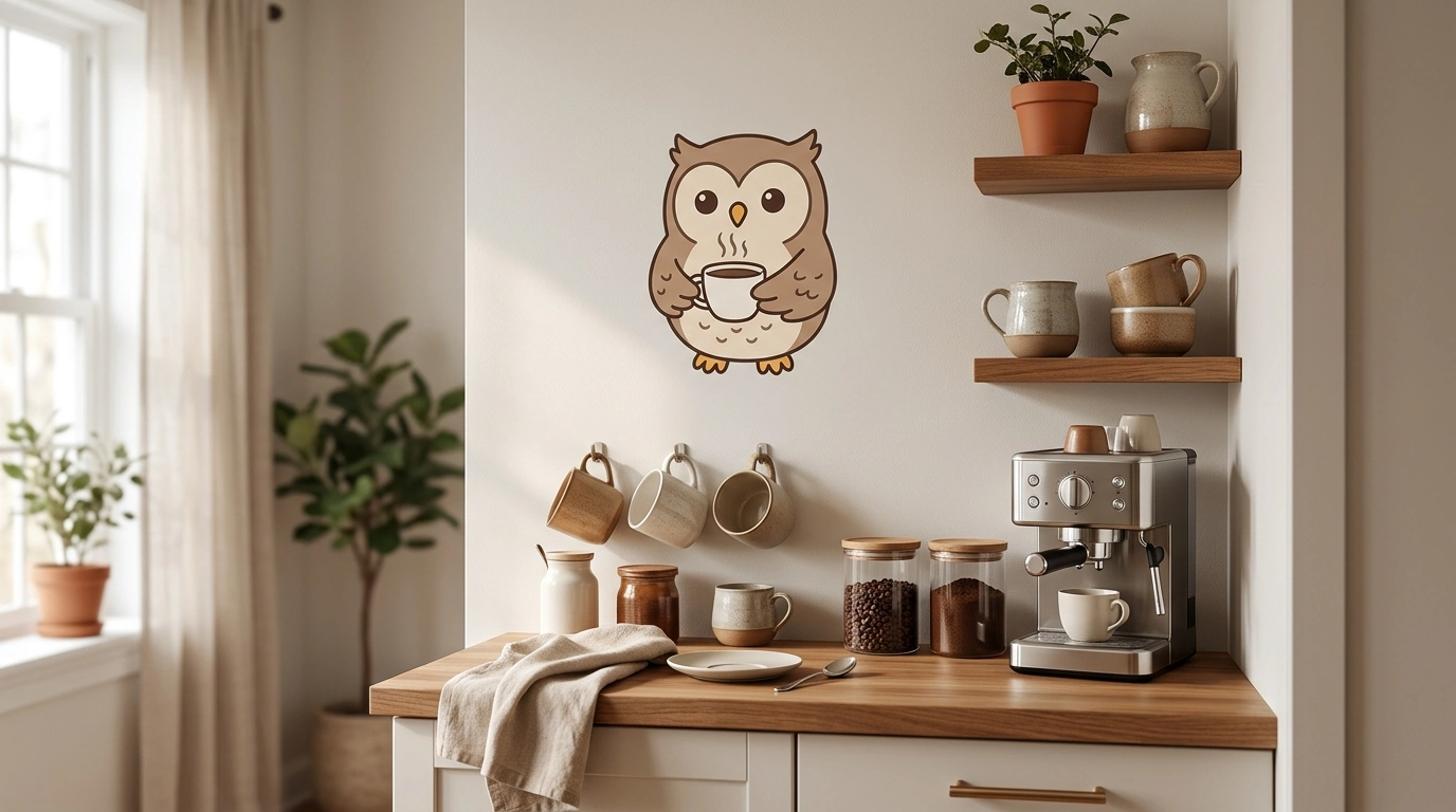 Cute Coffee Owl Wall Sticker for Cozy Café Corners