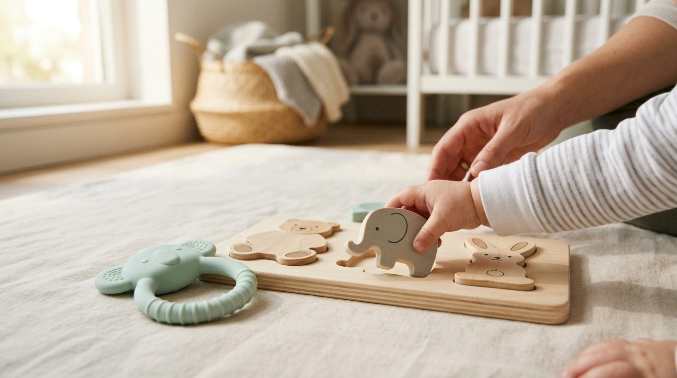 Silicone Teether + Wooden Animal Puzzle: 2-in-1 Baby Toy